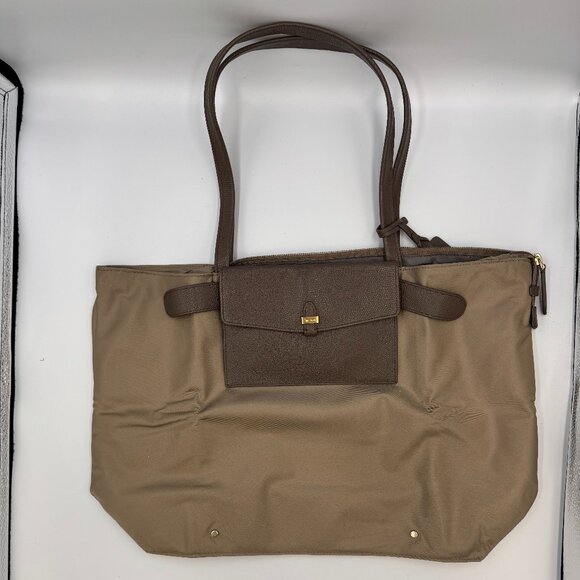 TUMI Foldable Tote– Nylon & Leather Trim – Khaki/Brown – w/ Tag & Monogram Patch - Picture 1 of 9